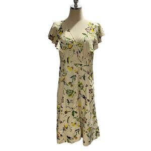Tanya Taylor Inez Cream Multicolor Floral Print Linen Rayon Pockets Midi Dress 8